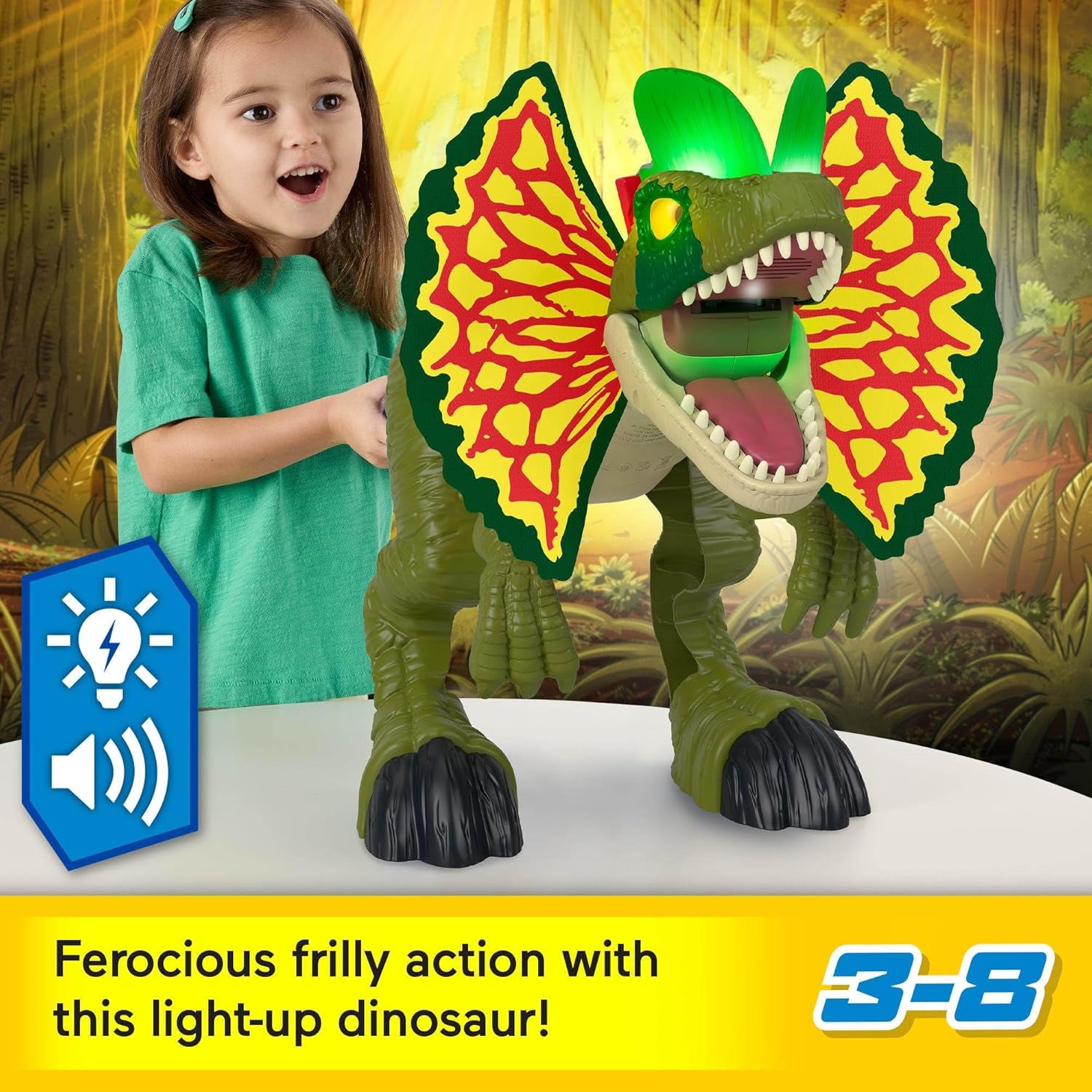 Fisher-Price Imaginext Jurassic World Dinosaur Toy Thrash Attack Dilophosaurus 16+ Inch with Lights & Sounds for Pretend Play Kids Ages 3+ Years