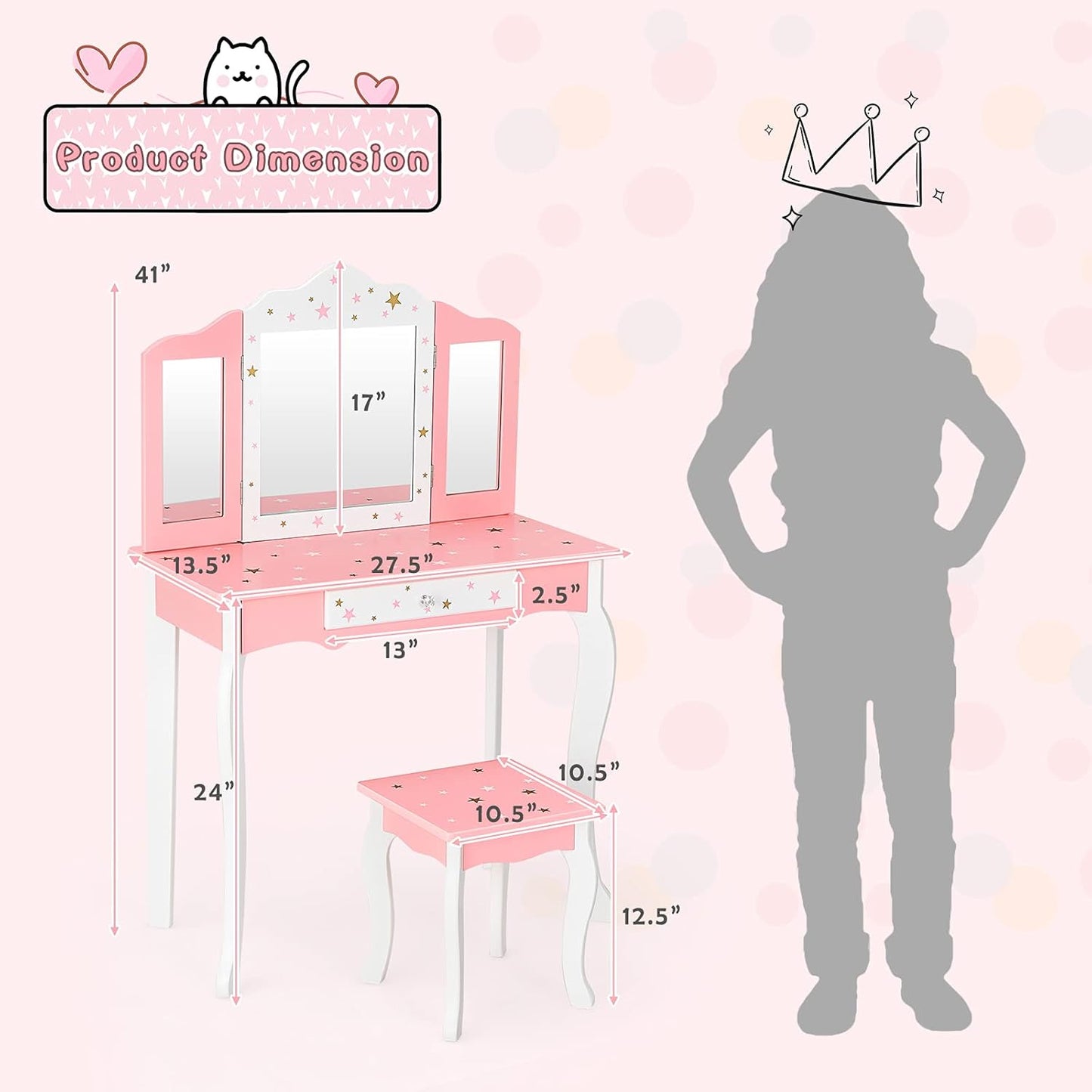 Costzon Kids Vanity Set with Mirror, 2 in 1 Princess Makeup Dressing Table W/Detachable Top, Toddler Girls Vanity with Tri-Fold Mirror, Drawer & Stool, Pretend Play Vanity Set for Little Girls, Pink