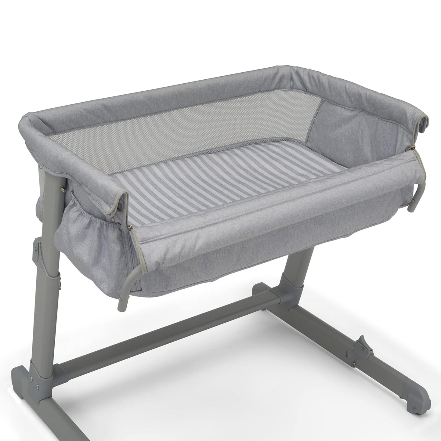 GAP Babygap Whisper Bedside Bassinet Sleeper with Breathable Mesh and Adjustable Heights - Lightweight Portable Crib - Made with Sustainable Materials, Grey Stripes