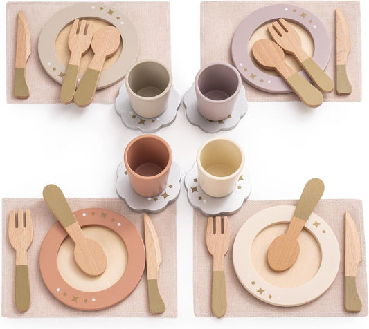 ROBUD 4-Set Wooden Play Dishes Set - Montessori-Inspired Play Food Accessories for Kids, Pretend Play Kitchen Set for Toddlers, Role Play Gift for Boys and Girls