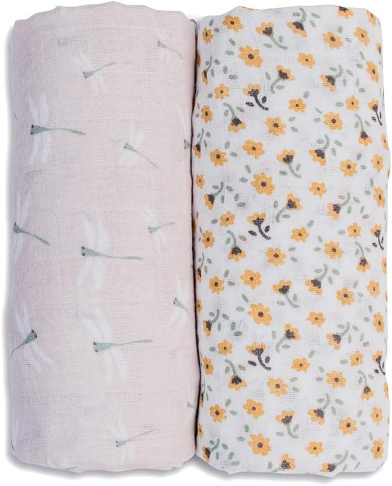 Lulujo Boho Swaddle Set, Cotton Muslin Blankets, 2 Pack (Vintage Floral & Dragonfly)