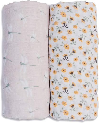 Lulujo Boho Swaddle Set, Cotton Muslin Blankets, 2 Pack (Vintage Floral & Dragonfly)