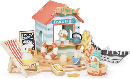 Tender Leaf Toys - Sandy’S Beach Hut - Wooden Toy Seagull Family with Fish and Chips Beach Hut and Accessories - Imaginative Play Set - Develop Creative Storytelling - Fine Motor Skills - Age 3+