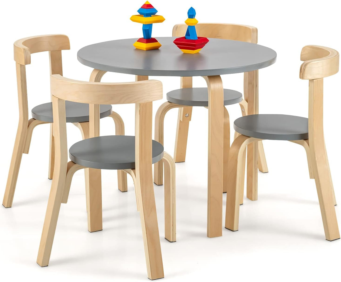 Costzon Kids Table and Chair Set, 5-Piece Wooden Activity Table W/ 4 Chairs, Toy Bricks, Classroom Playroom Daycare Furniture for Playing, Drawing, Reading, Bentwood Toddler Table & Chairs (Natural)