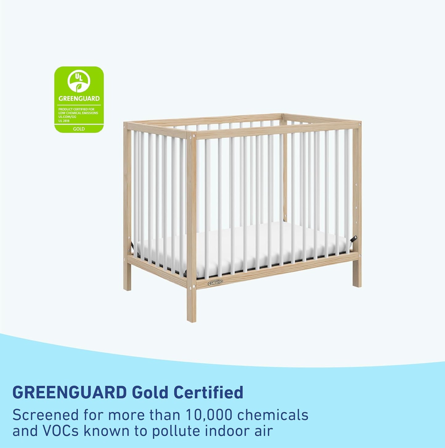 Graco Teddi 4-In-1 Convertible Mini Crib with Bonus Water-Resistant Mattress (Natural with White) – GREENGUARD Gold Certified, 2.75-Inch Mattress Included, Convenient Size, Easy 30-Minute Assembly