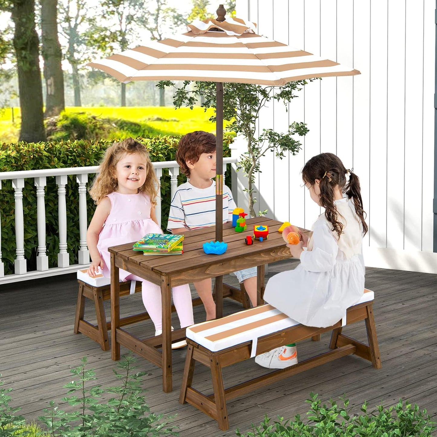 Costzon Kids Picnic Table, Toddler Wood Table & Chair Set W/Cushions, Height Adjustable Umbrella, Children Activity Table Outdoor Furniture Set for Patio, Garden, Backyard, Gift for Ages 3-8 (Blue)