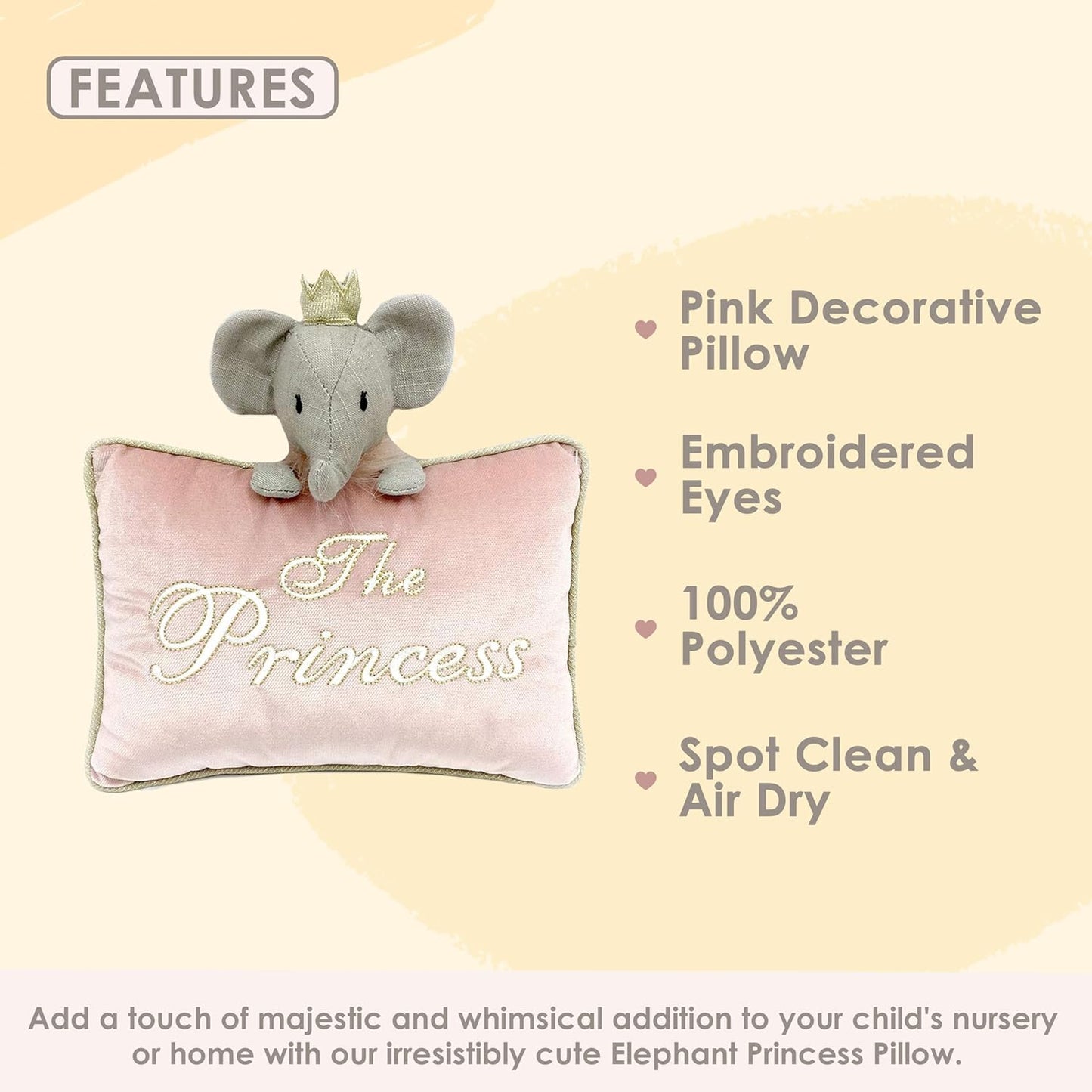 Mon Ami Princess Elephant Decorative Pillow – 11X10”, Pink Throw Pillow, Plush & Decorative Accessory Cushion for Child’S Nursery, Bed or Couch