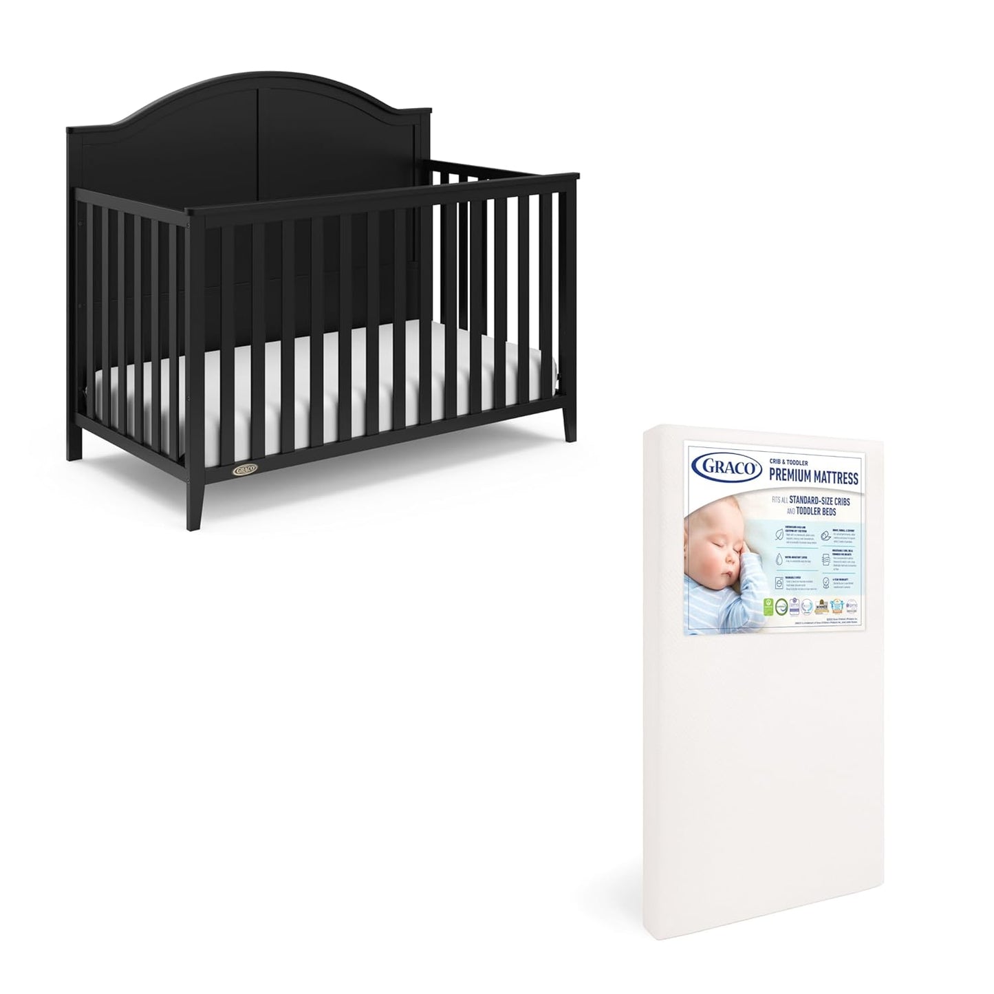 Graco Wilfred 5-In-1 Convertible Crib (Black) – GREENGUARD Gold Certified, Converts to Toddler Bed and Full-Size Bed, Fits Standard Full-Size Crib Mattress, Adjustable Mattress Support Base