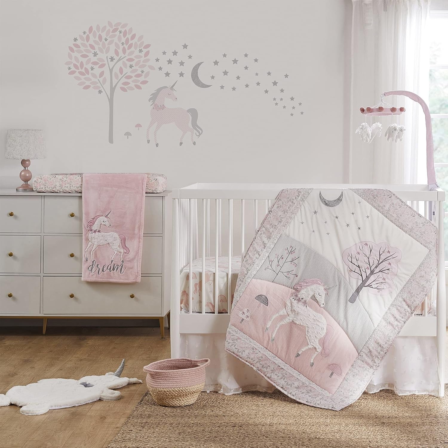 Levtex Baby - Colette Resuable Wall Decal - Unicorn, Tree and Stars - Pink and Grey - Nursery Accessories - Size: 58 X 30 In.