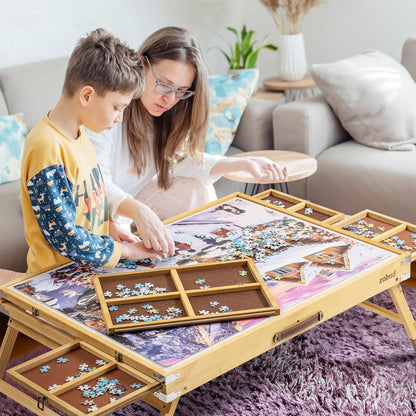 ROBUD 1500-Piece Jigsaw Puzzle Board, Wooden Puzzle Table with Cover, 3-Tilting-Angle Adjustable and 4 Partitioned Drawers, 35.6” X 26.6” Jigsaw Puzzle Board Portable and Felted Anti-Skid Surface