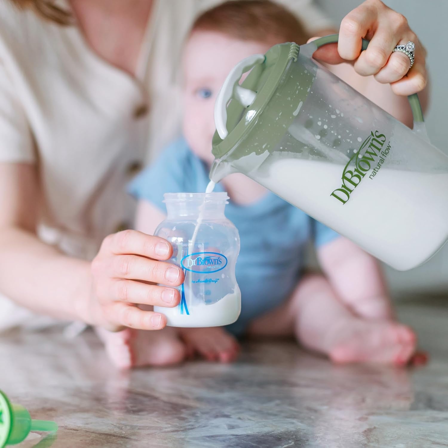 Dr. Brown'S Baby Formula Mixing Pitcher with Adjustable Stopper, Locking Lid, & No Drip Spout, 32Oz, BPA Free, Olive