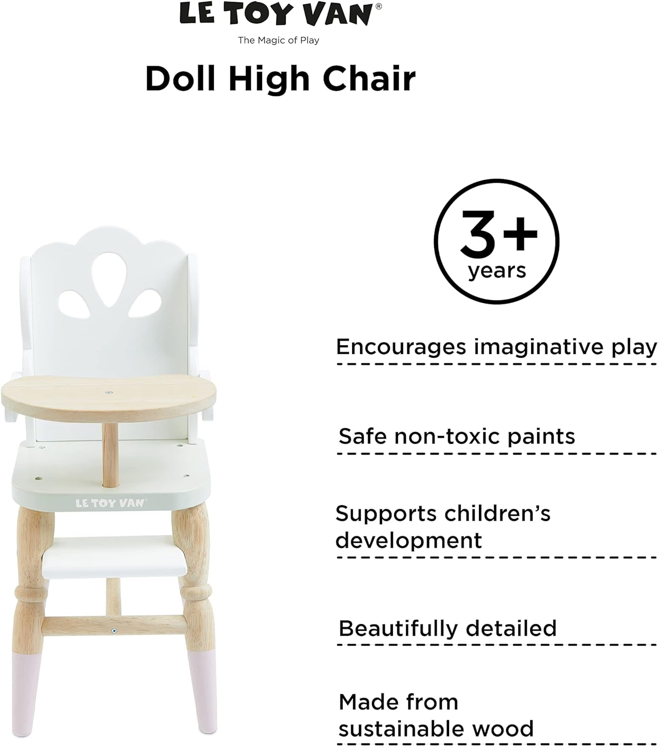 Le Toy Van - Educational Wooden Toy Role Play Beautiful Doll High Chair | Girls Pretend Play Toy Pram Playset - for Ages 3+ (TV601)