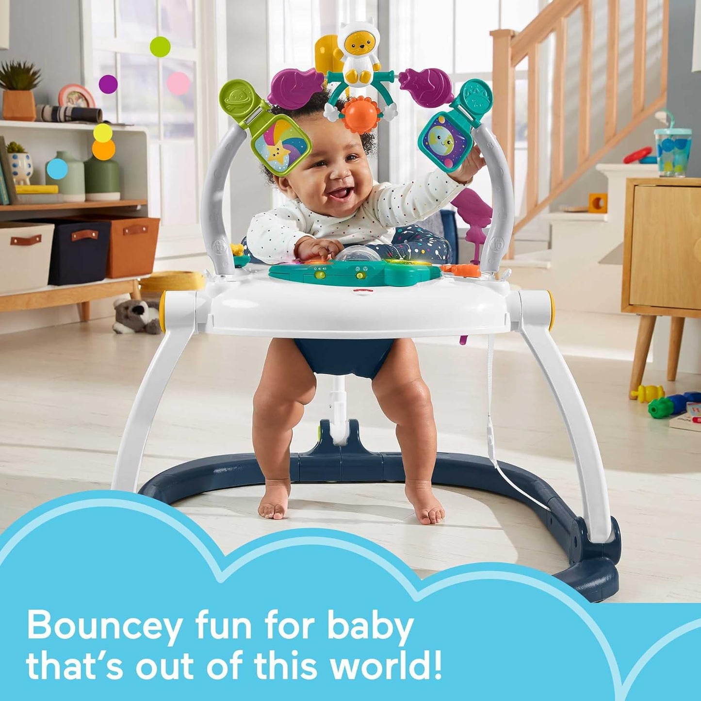 Fisher-Price Baby Bouncer Spacesaver Jumperoo Musical Activity Center with Lights Sounds & Developmental Toys, Astro Kitty