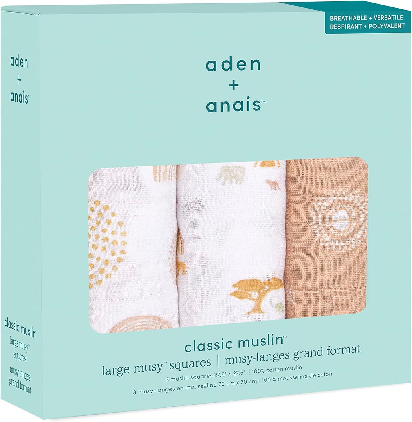 Aden + Anais Musy Squares - Keep Rising, Pack of 3 | Large 100% Cotton Muslin Cloth | Soft & Lightweight Unisex Baby Essentials | Cloths for Newborn Girls & Boys | Ideal