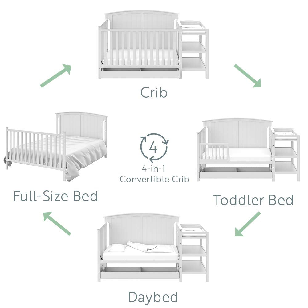 Storkcraft Steveston 5-In-1 Convertible Crib and Changer with Drawer (White) – GREENGUARD Gold Certified, Crib and Changing Table Combo with Drawer, Converts to Toddler Bed, Daybed and Full-Size Bed