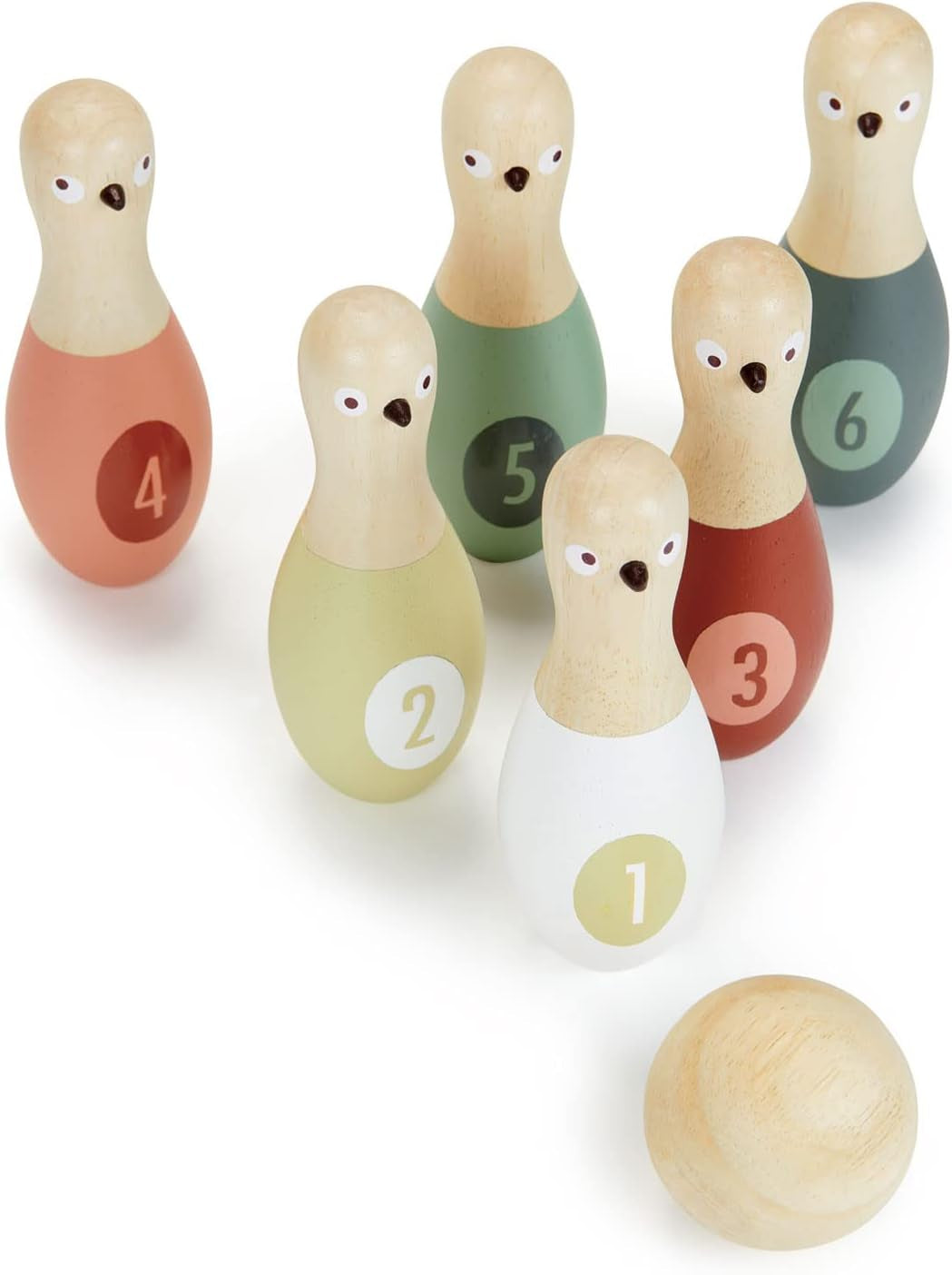 Tender Leaf Toys - Birdie Skittles - Kids Bowling Set - 6 Solid Wood Bowling Pins, Ball and Storage Bag - Fun Physical Learning for Toddler - Develop Hand-Eye Coordination and Numeracy Skills - Age 3+