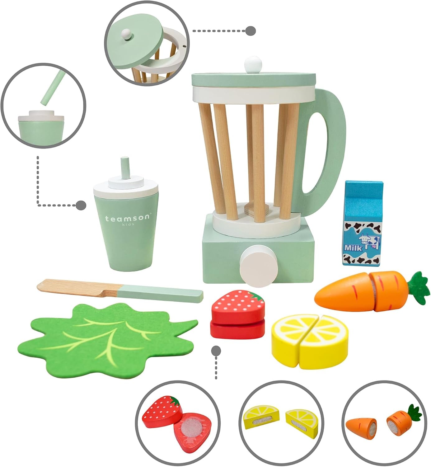 Teamson Kids Play Kitchen Accessories Little Chef 13 Piece Wooden Smoothie Blender Set with Cutting Fruit, Ingredients and To-Go Cup with Straw