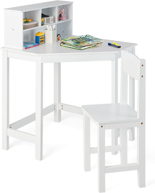 Costzon Kids Desk and Chair Set, White Corner Desk with Hutch for Small Space, Bedroom, Children School Study Table, Student Computer Workstation, Space Saving Writing Desk for Kids