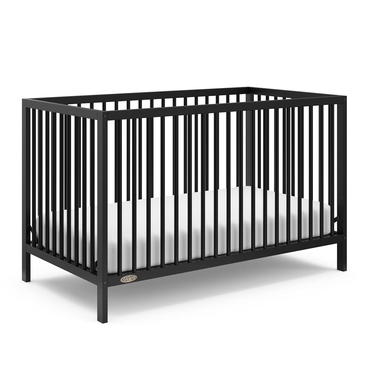 Graco Teddi 4-In-1 Convertible Mini Crib with Bonus Water-Resistant Mattress (Black) – GREENGUARD Gold Certified, 2.75-Inch Mattress Included, Convenient Size, Easy 30-Minute Assembly