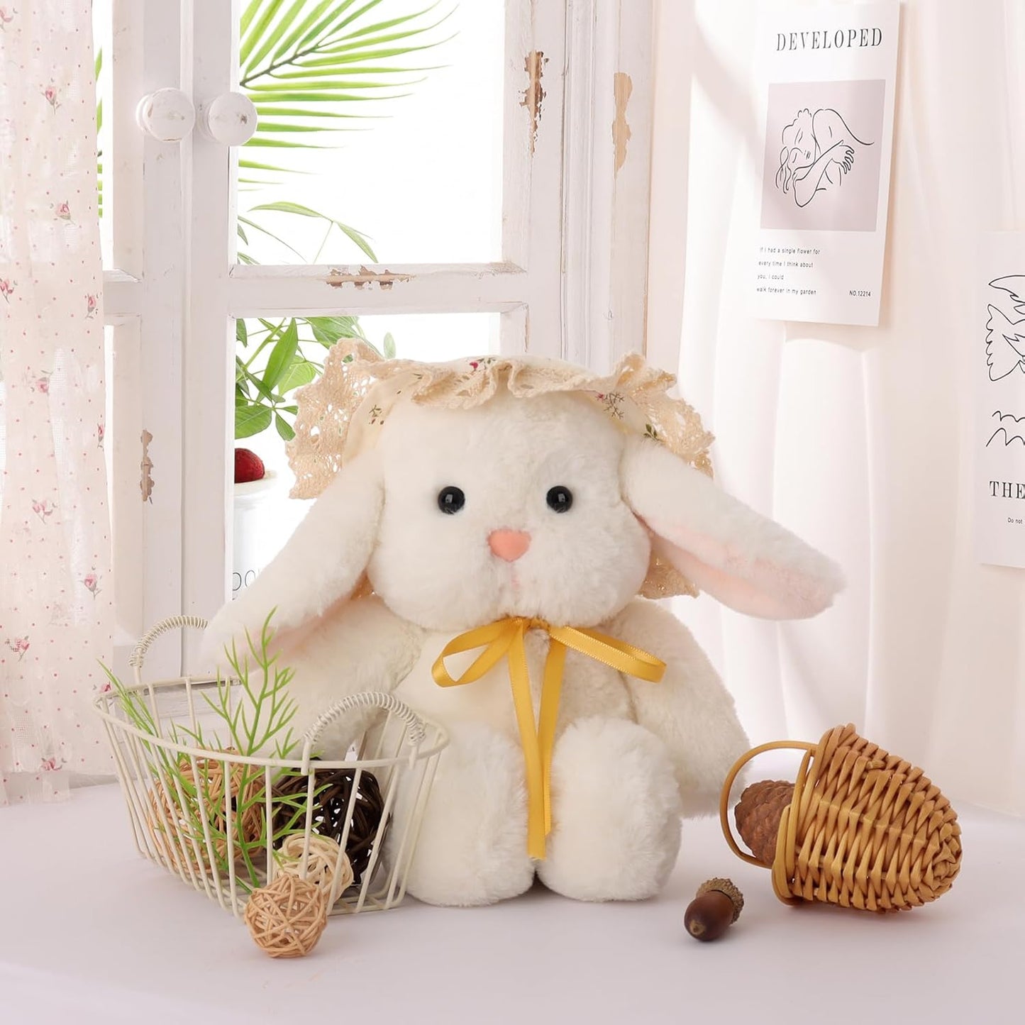 Apricot Lamb Picnic Lop-Eared Rabbit Plush Stuffed Animals for Kids, Soft Cute Rabbit Plush Toys for Baby Girl and Boy, Fluffy Picnic Lop-Eared Rabbit White 8.3 Inches