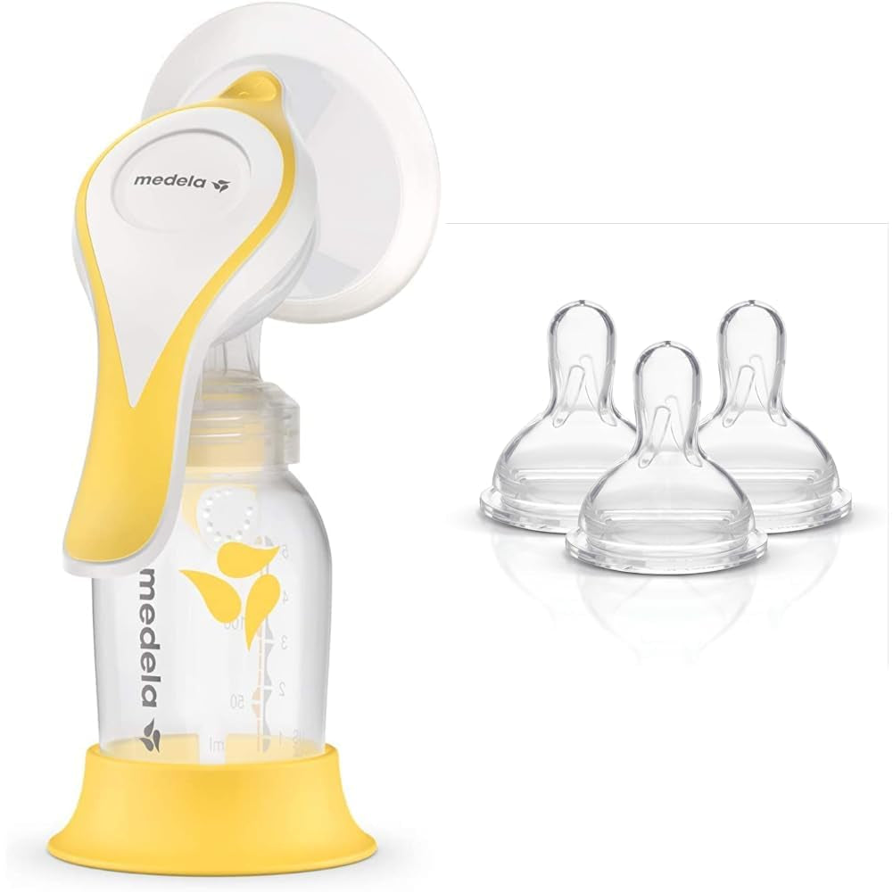 Medela Harmony Manual Breast Pump with Personalfit Flex Shields Bundle with 3 Pack Slow Flow Spare Nipples