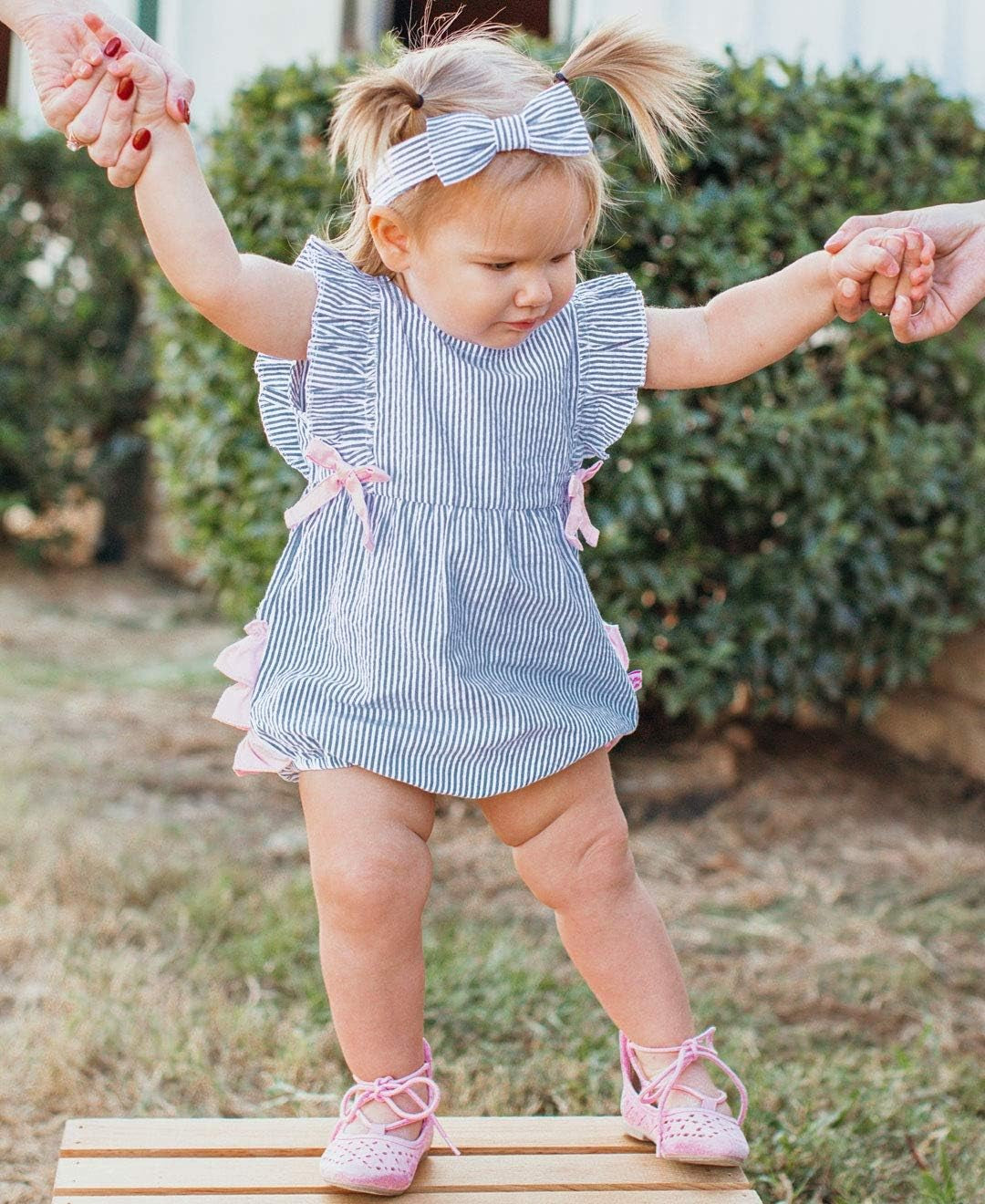 Rufflebutts® Baby/Toddler Girls Blue Seersucker Ruffle Romper - 2T