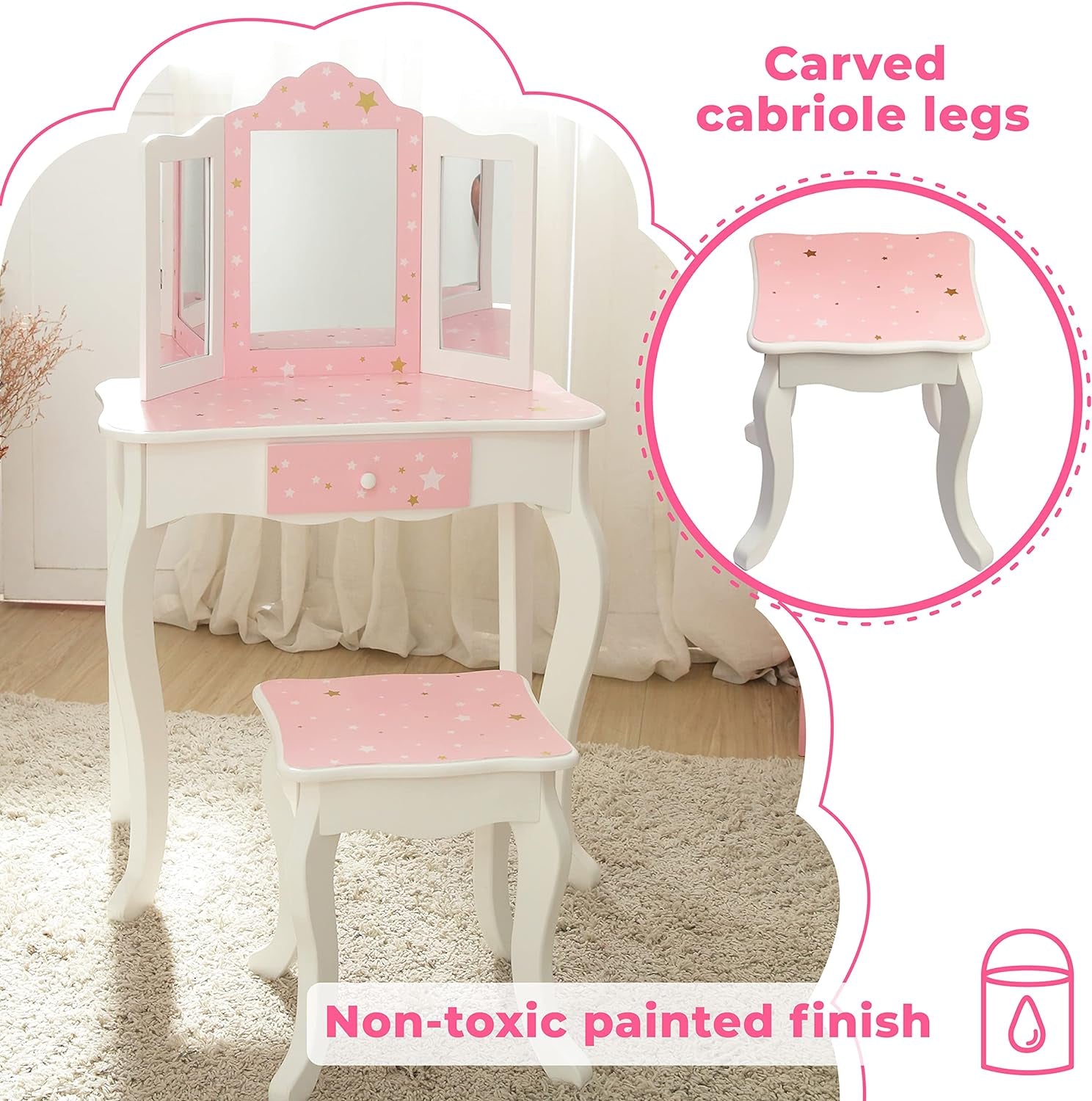 Teamson Kids Princess Gisele Twinkle Star Print 2-Piece Kids Wooden Play Vanity Set with Vanity Table, Tri-Fold Mirror, Storage Drawer, and Matching Stool, White with Pink and Gold Star Accent