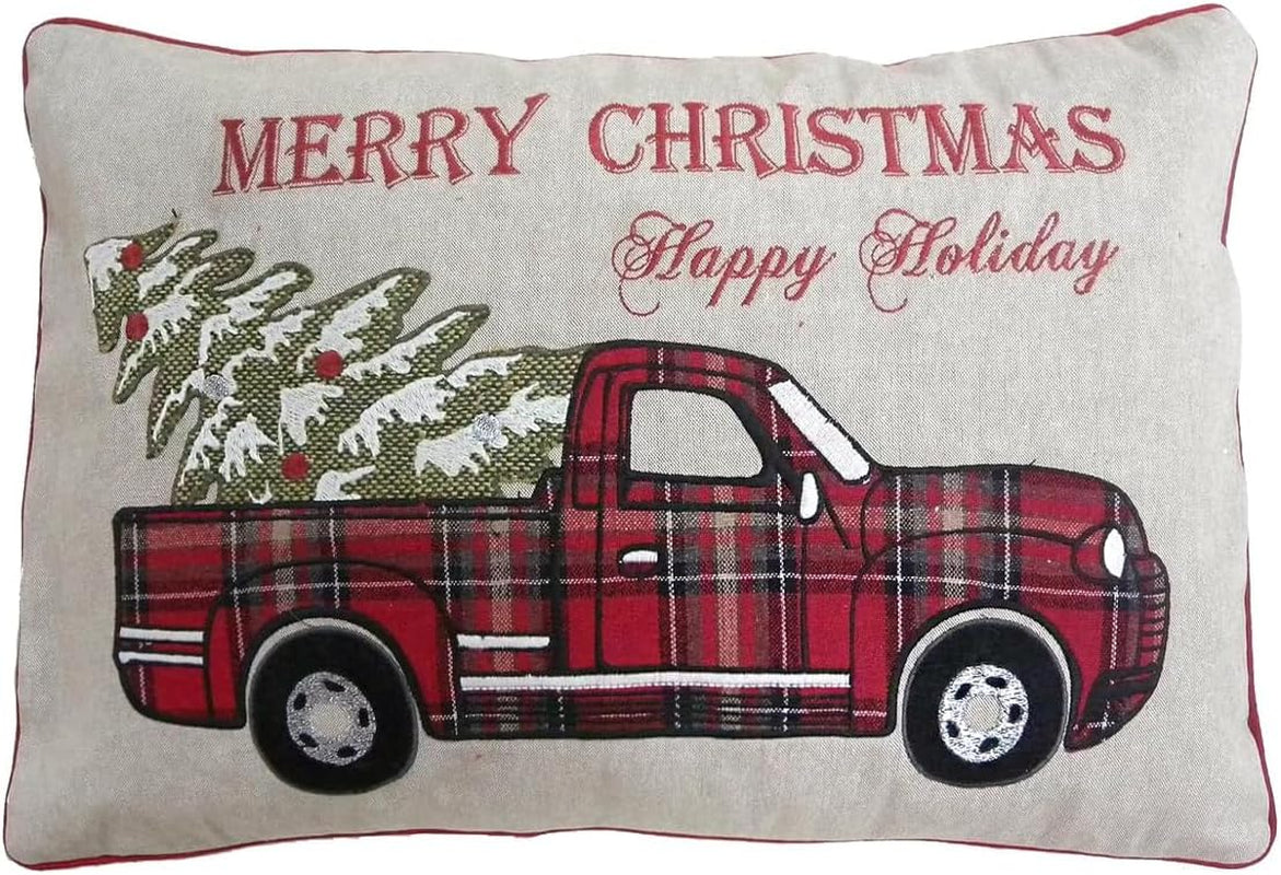 MON AMI Plaid Truck with Christmas Tree Pillow – 20X14”, Christmas Decorations, Farmhouse Winter Holiday Home Décor, Christmas Pillow for Couch/Sofa