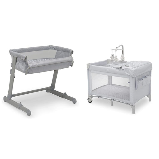 Delta Children Gap Babygap Whisper Bedside Bassinet Sleeper with Breathable Mesh and Adjustable & Gap Babygap Deluxe Play Yard, Grey Stripes