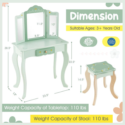 Costzon Kids Vanity Set, 2 in 1 Princess Makeup Dressing Table & Chair Set W/Detachable Tri-Fold Mirror, Toddler Vanity with Drawer & Accessories, Pretend Play Vanity Set for Little Girls (Green)