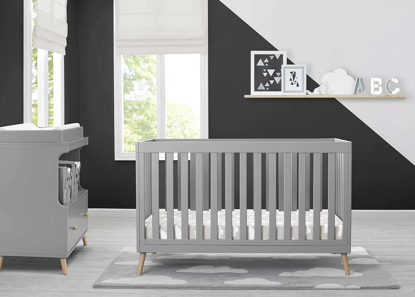 Delta Children Essex 4-In-1 Convertible Baby Crib, Grey with Natural Legs