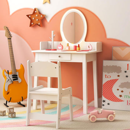 Costzon Kids Vanity, Girls Vanity Set with Mirror and Stool and Lights, Drawer, Jewelry Rack, 2 in 1 Wooden Princess Makeup Desk Dressing Table, Pretend Play Kids Vanity Table and Chair Set (White)