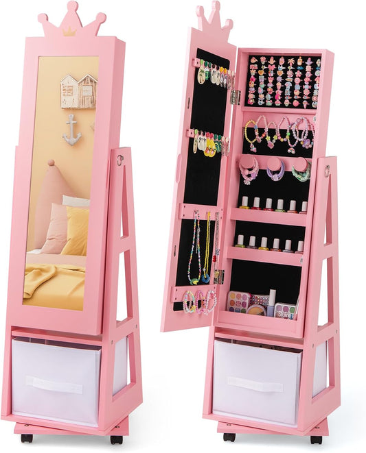 Costzon Kids Jewelry Armoire, 360° Swivel Jewelry Cabinet with Full Length Mirror, Lockable Wheels, Kids Vanity Dress up Mirror with Jewelry Storage, 48” Standing Jewelry Organizer for Girls (Pink)