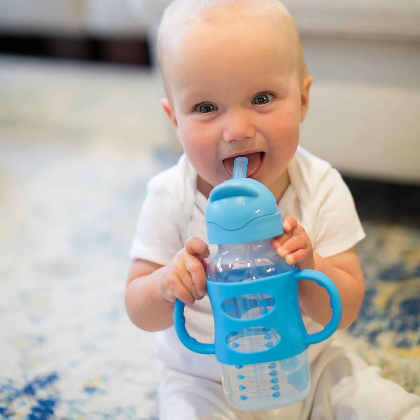 Dr. Brown'S Milestones Wide-Neck Sippy Straw Bottle with 100% Silicone Handles and Weighted Straw, 9 Oz/270 Ml, Blue, 6M+