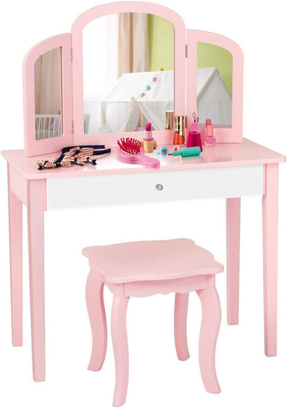 Costzon Kids Vanity Table, Princess Makeup Dressing Table with Drawer & Tri-Folding Mirror, 2-In-1 Vanity Set with Detachable Top, Pretend Beauty Play Vanity Set for Girls (Pink)