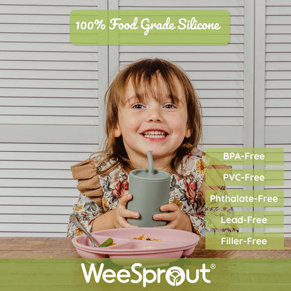 Weesprout Silicone Baby Cups with Straws and Lids, 4 & 8 Oz Options, Set of 2, Food Grade Toddler Training Container, Built in Straw Stoppers, Measurement Markings, Dishwasher Safe + Straw Cleaner