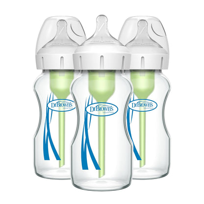 Dr. Brown'S Natural Flow Anti-Colic Options+ Wide-Neck Glass Baby Bottles 5 Oz/150 Ml, with Level 1 Slow Flow Nipple, 3 Pack, 0M+