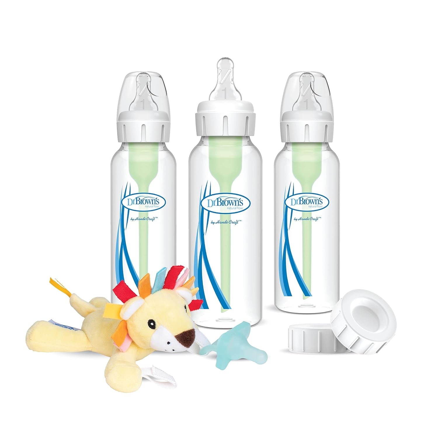 Dr. Brown'S Natural Flow Anti-Colic Options+ Special Edition Blue Baby Bottle Gift Set with Soft Sippy Spout Transition Cup, Flexees Teether, Bottle Cleaning Brush and Travel Caps