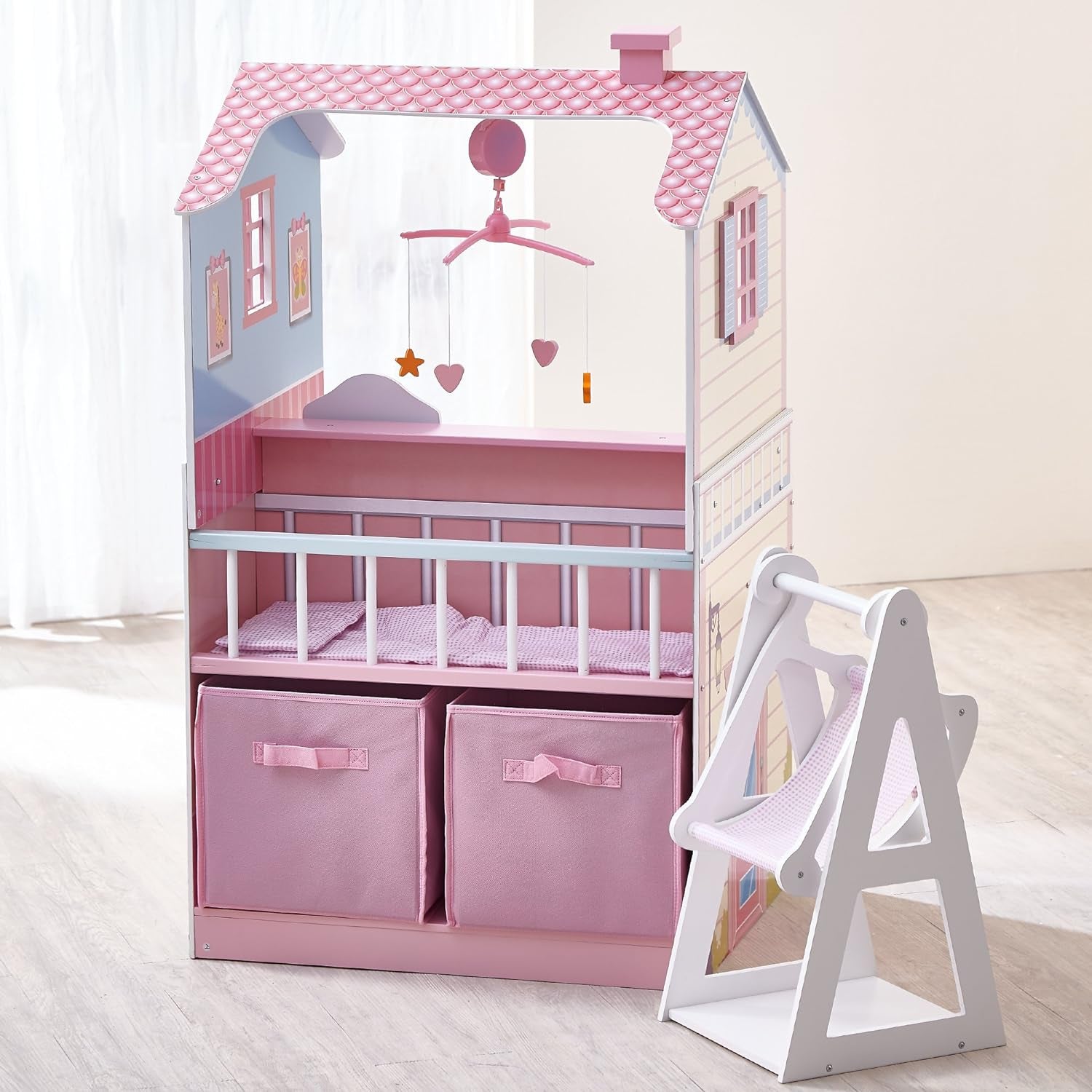 Olivia'S Little World - All in One 16-18 Inch Baby Doll Wooden Nursery Center - Double Sided Dollhouse for Baby Dolls with Swings - Multi- Functional Changing Station - Pink & Blue