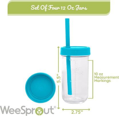 Weesprout Glass Cups with Lids & Straws, Spill-Resistant Smoothie Jars for Toddlers & Kids, Baby Food Storage & Snack Containers, XL Silicone Straw, Easy-Grip Sleeves, Set of Four, Dishwasher Safe