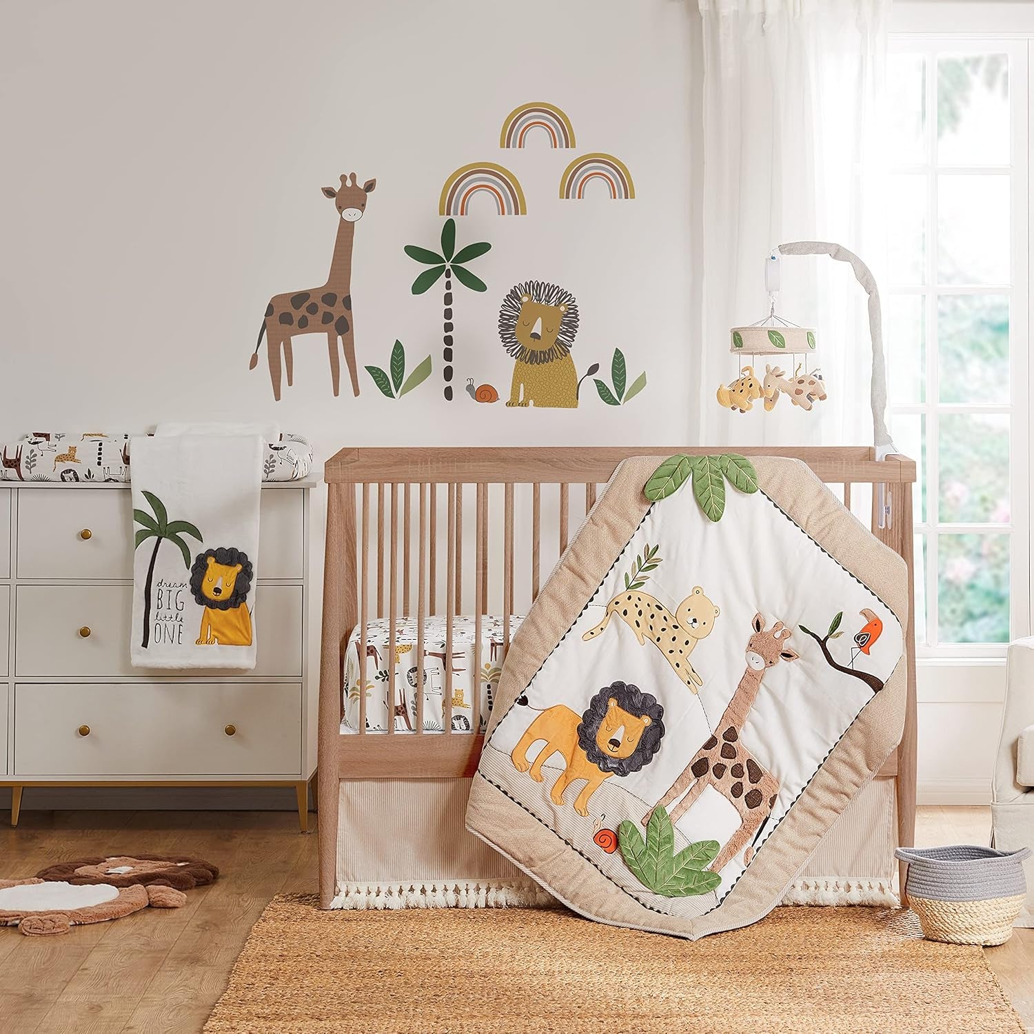 Levtex Baby - Zuma Crib Bed Set - Baby Nursery Set - Jungle - Taupe, Green, Brown, Cream - Jungle Animals - 4 Piece Set Includes Quilt, Fitted Sheet, Wall Decal & Crib Skirt/Dust Ruffle