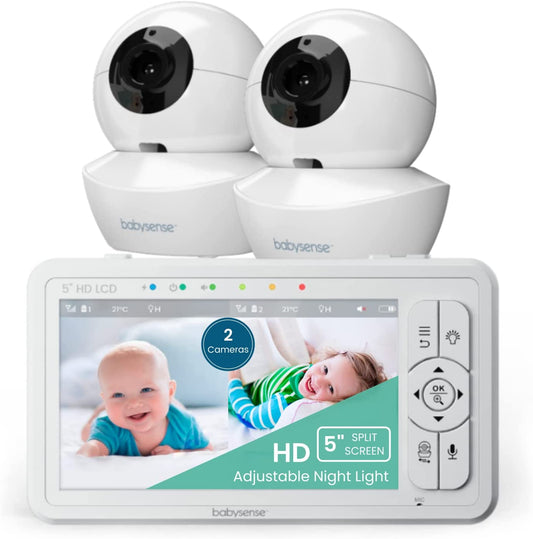 Babysense 5" HD Split-Screen Baby Monitor, Video Baby Monitor with 2 Cameras and Audio, Night Light, 960Ft Range, Two-Way Audio, 4X Zoom, Night Vision, 4000Mah Battery