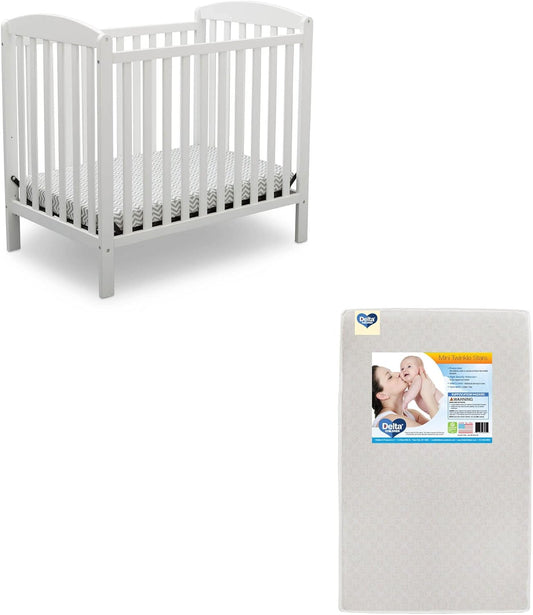 Delta Children Emery Mini Convertible Baby Crib & Twinkle Stars 3-Inch Waterproof Mini Crib Mattress, Bianca White