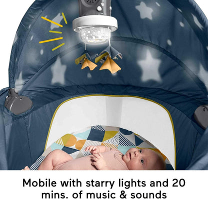 Fisher-Price Portable Baby Bassinet Deluxe On-The-Go Projection Dome, Travel Play Space for Newborns with Lights Music & Canopy, Cool Hues