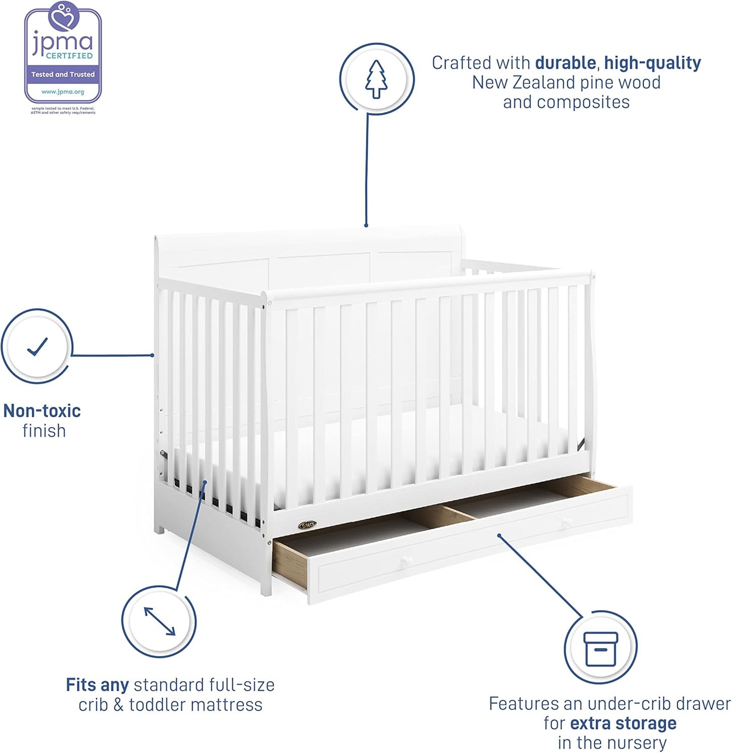 Graco Asheville 5-In-1 Convertible Crib with Drawer (White) – GREENGUARD Gold Certified, Crib with Drawer Combo, Full-Size Nursery Storage Drawer, Converts to Toddler Bed, Daybed and Full-Size Bed