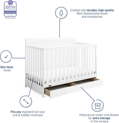 Graco Asheville 5-In-1 Convertible Crib with Drawer (White) – GREENGUARD Gold Certified, Crib with Drawer Combo, Full-Size Nursery Storage Drawer, Converts to Toddler Bed, Daybed and Full-Size Bed