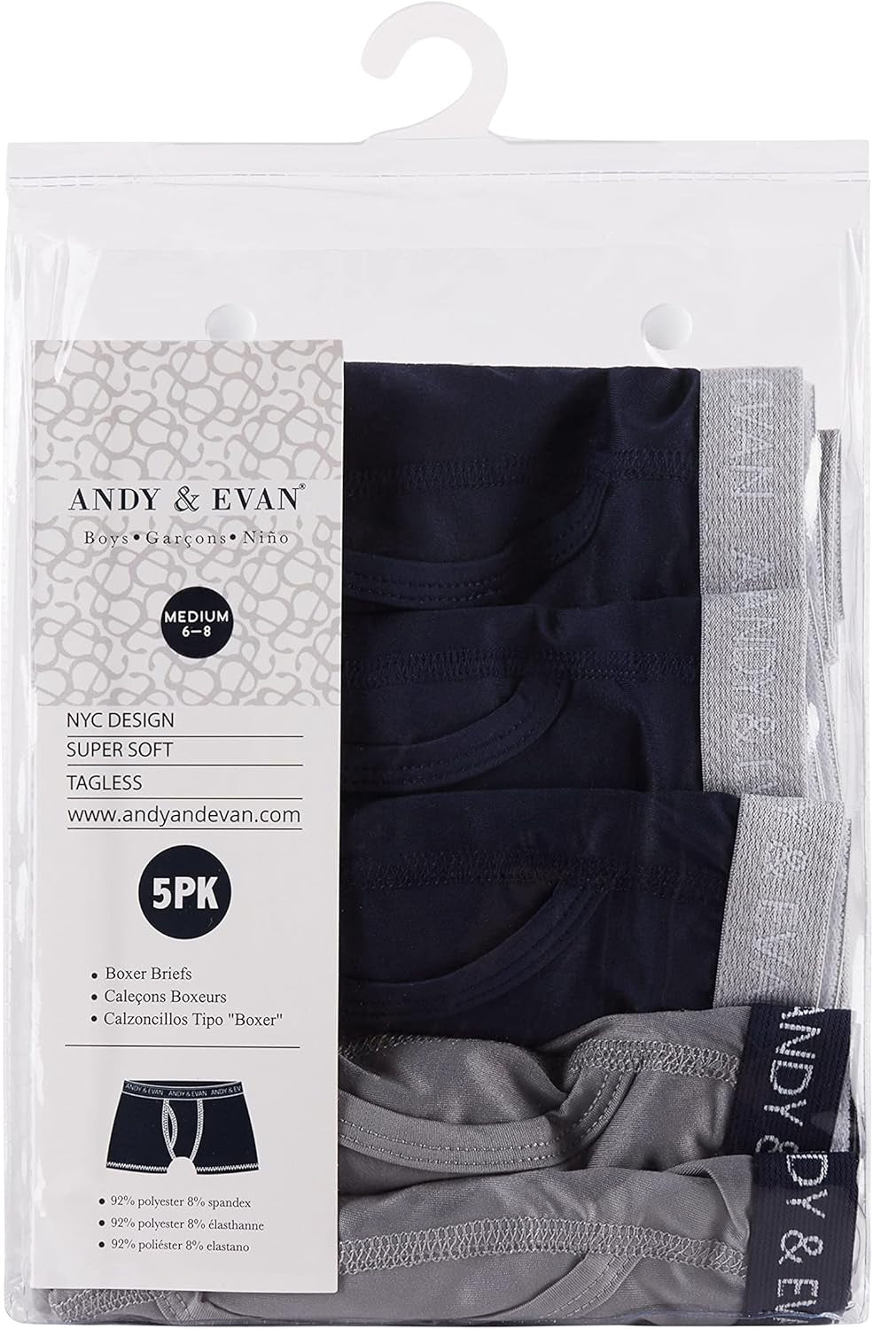 Andy & Evan Boys Modal Boxer Briefs, Pack of 5, Super Soft Boxers for Boys, in Solid & Fun Prints