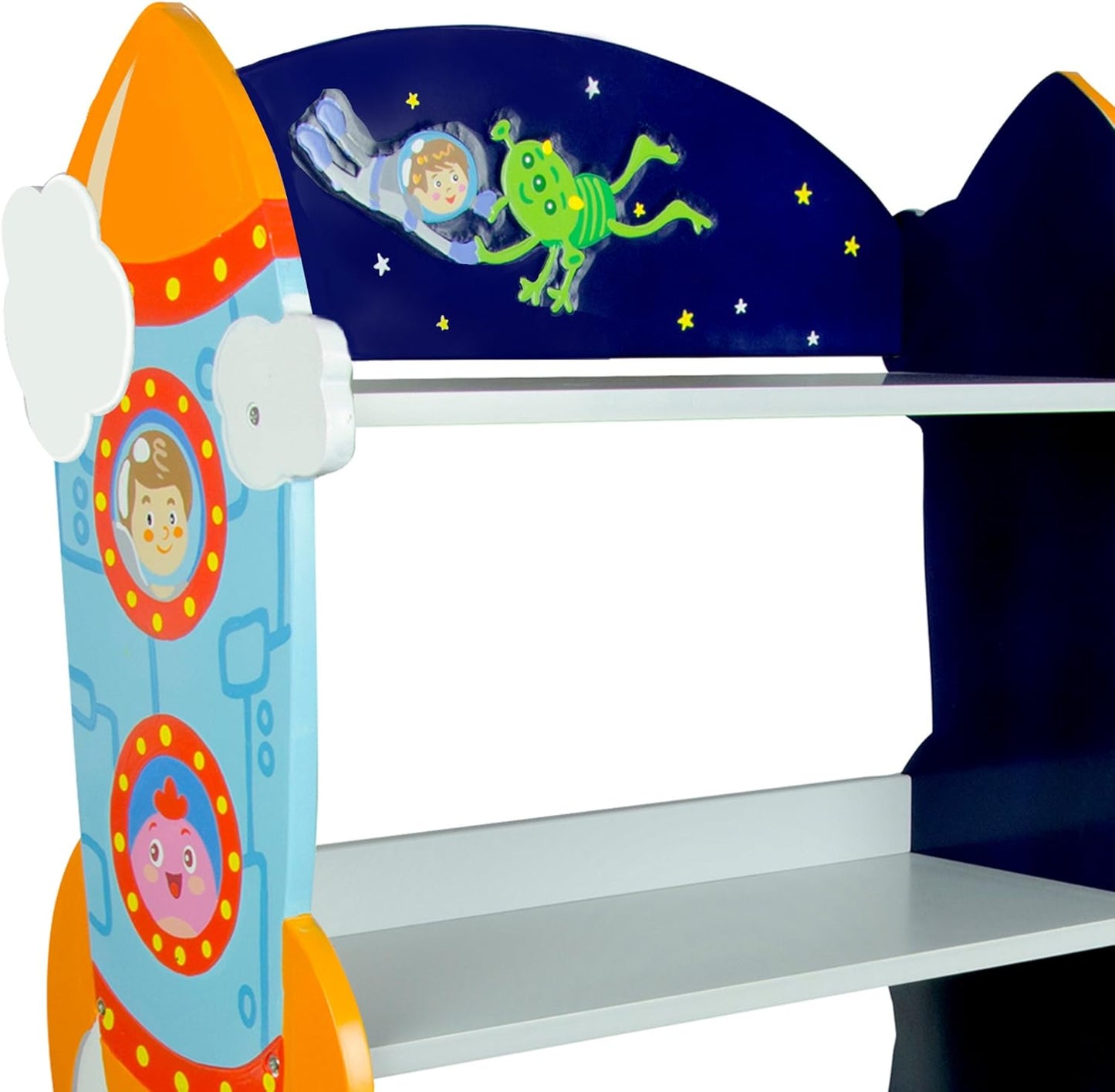 Fantasy Fields Outer Space 3 Tier Kids Bookcase, Wooden Kids Book Shelf with Hand Crafted Designs and Toy Storage Drawer, Blue