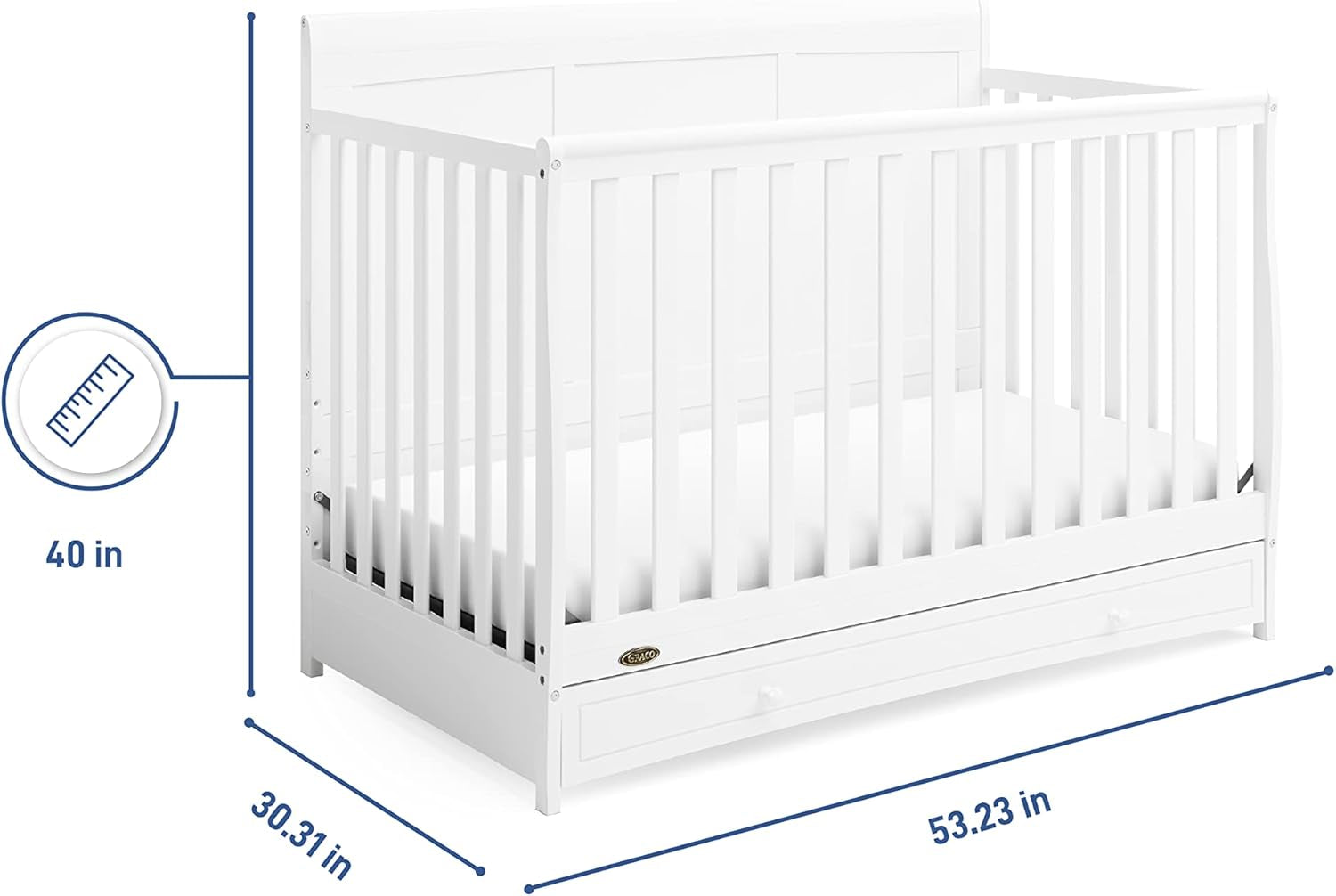 Graco Asheville 5-In-1 Convertible Crib with Drawer (White) – GREENGUARD Gold Certified, Crib with Drawer Combo, Full-Size Nursery Storage Drawer, Converts to Toddler Bed, Daybed and Full-Size Bed