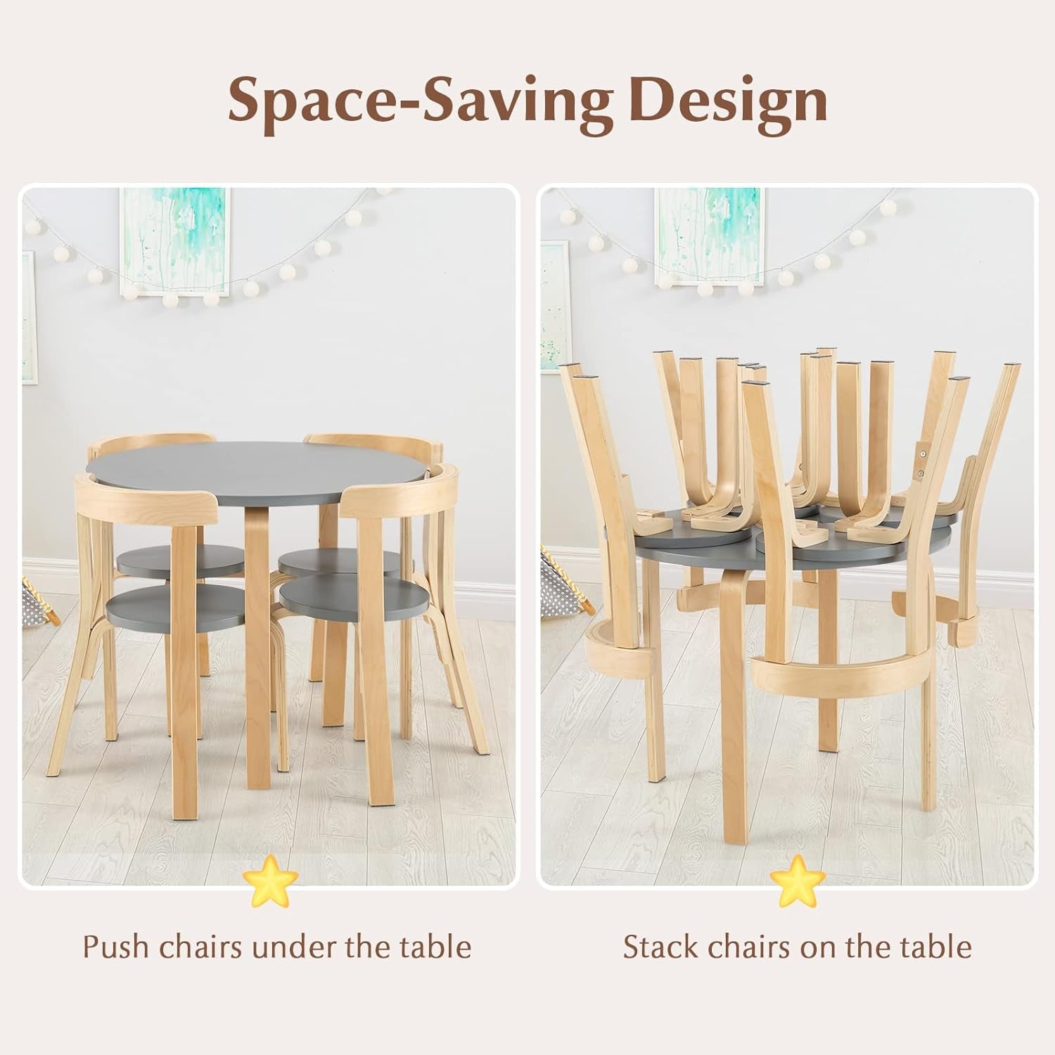 Costzon Kids Table and Chair Set, 5-Piece Wooden Activity Table W/ 4 Chairs, Toy Bricks, Classroom Playroom Daycare Furniture for Playing, Drawing, Reading, Bentwood Toddler Table & Chairs (Natural)